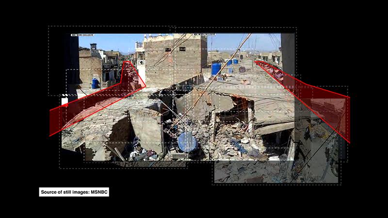 Photogramme extrait de Decoding video testimony, Miranshah, Pakistan, March 30, 2012 © Forensic Architecture en collaboration avec SITU Research